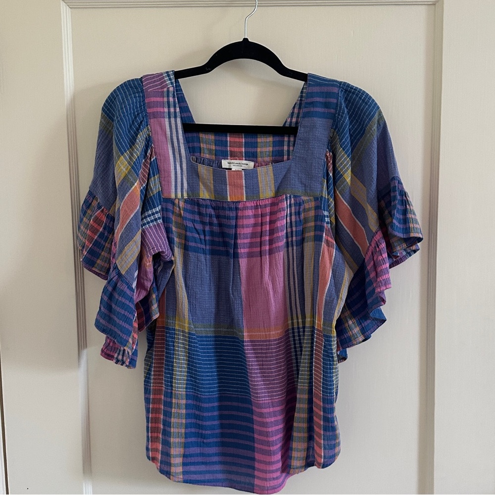 BeachLunchLounge Checkered Flutter Ruffle Sleeve Square Neck Cotton Top